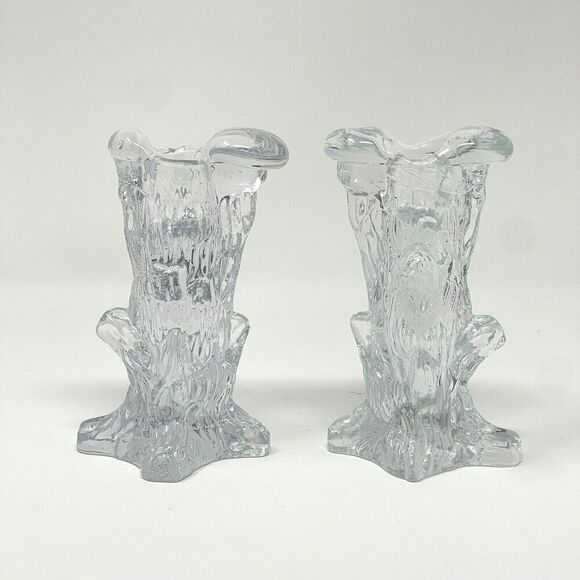 Swedish Art Glass Tree Stump Candle Sticks Holders Clear MCM Vintage 5" Set Of 2 - Picture 1 of 5